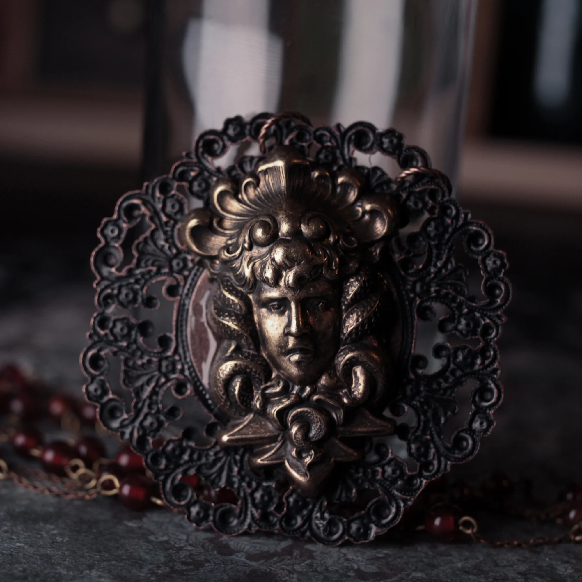 Huge Medusa And Antique Red Glass Statement Amulet Necklace - Image 3