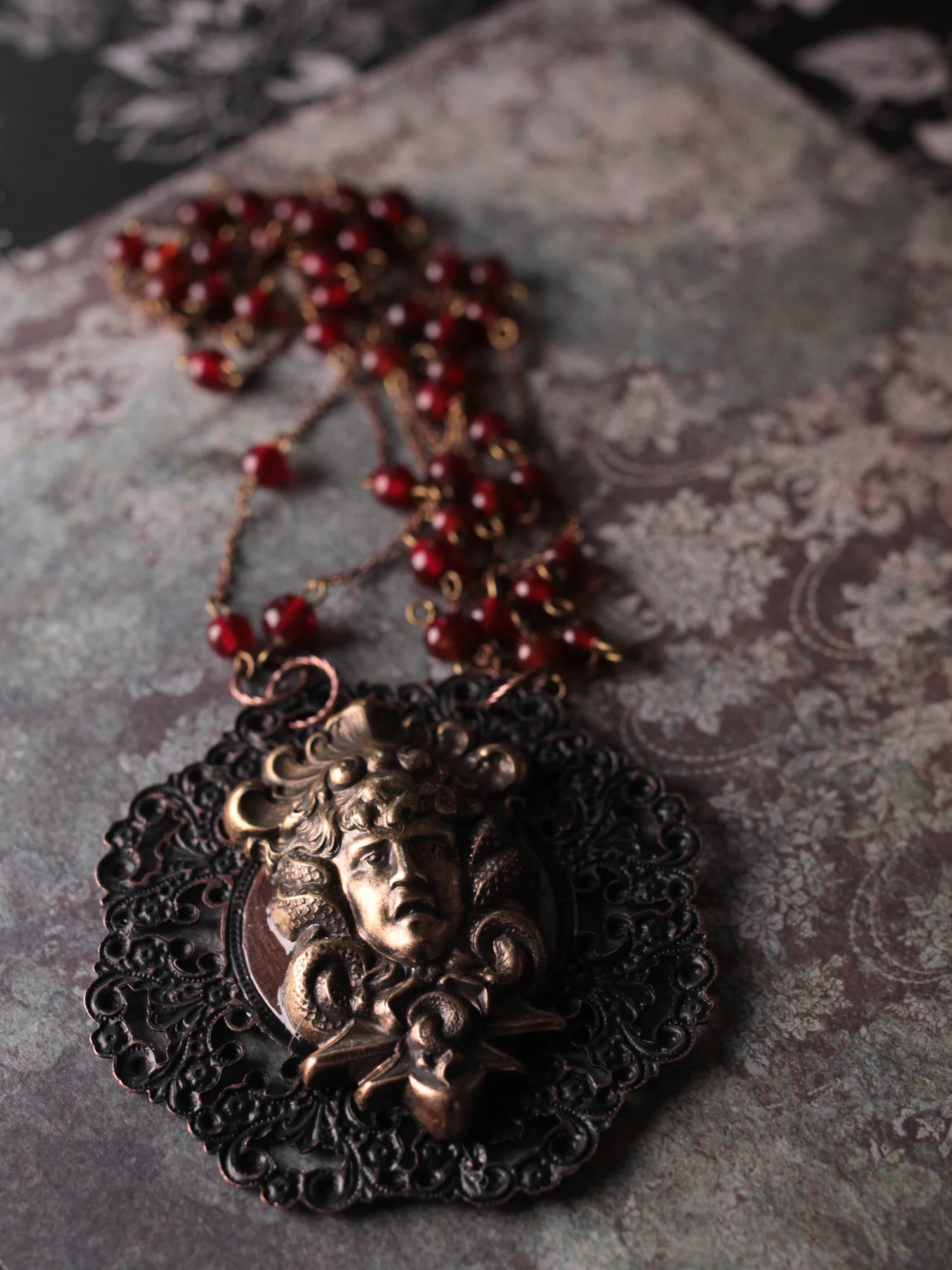 Huge Medusa And Antique Red Glass Statement Amulet Necklace - Image 4