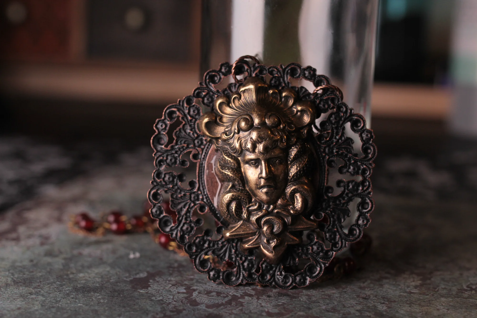 Huge Medusa And Antique Red Glass Statement Amulet Necklace - Image 5