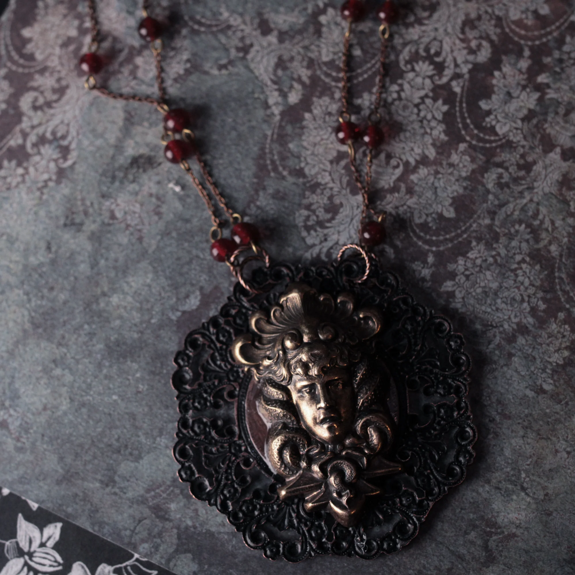 Huge Medusa And Antique Red Glass Statement Amulet Necklace - Image 7