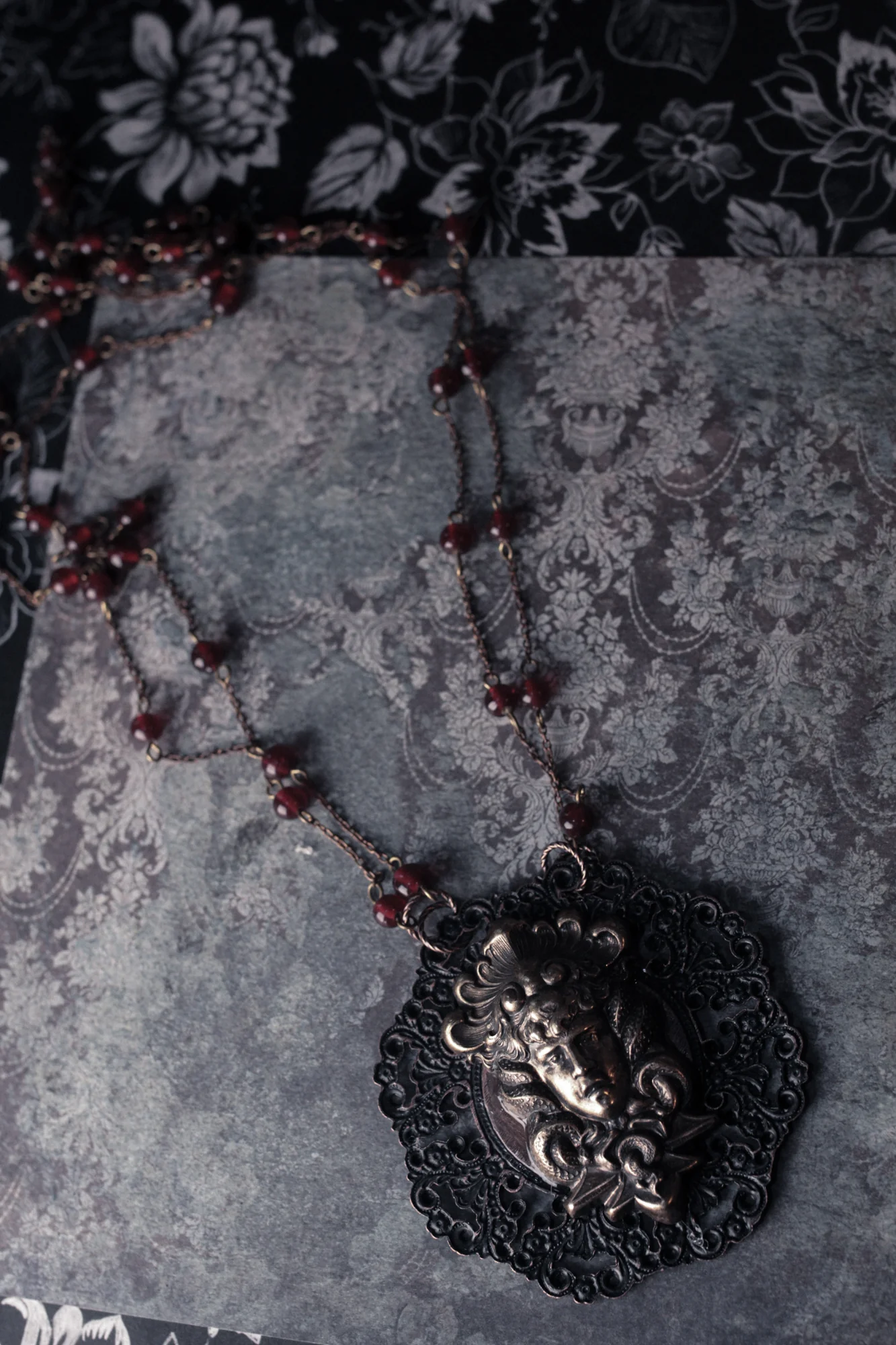 Huge Medusa And Antique Red Glass Statement Amulet Necklace - Image 8